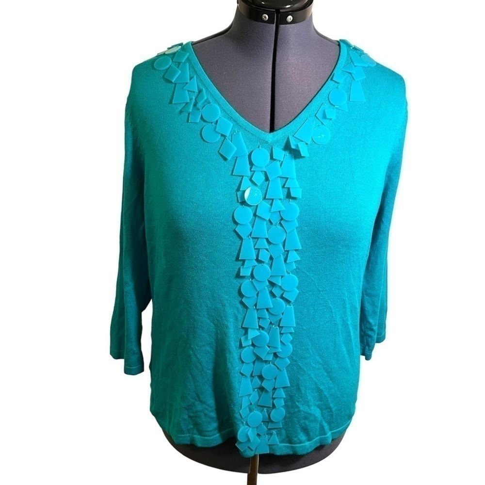 Joseph A. Women's Size XL V-Neck Sweater Teal Blue Green Beaded 3/4 Sleeve Rayon